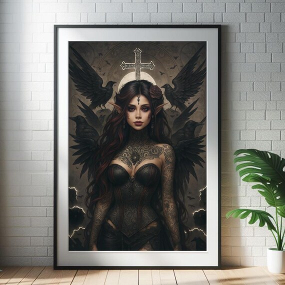 Gothic Raven Sorceress Art Print: Dark Fantasy Moon Witch