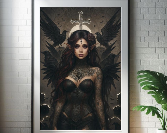 Gothic Raven Sorceress Art Print: Dark Fantasy Moon Witch