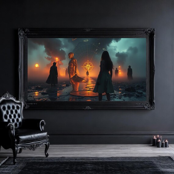 Dark Fantasy Bronze Compass Wall Art - Surreal Lost Compass Gothic Print - Mystical Golden Figure
