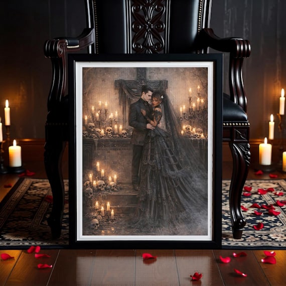 Gothic Wedding Wall Art – Dark Romantic Couple Print – Macabre Love Decor - Instant Digital Download