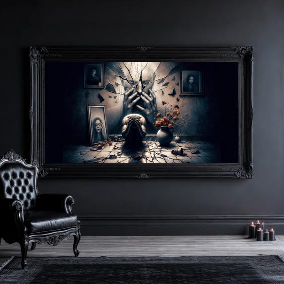 Surreal Gothic Digital Art, Shattered Self, Grief and Identity (Printable Download)