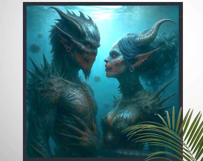 Mythical Demon Couple Art: Dark Underwater Fantasy (Printable Digital Download)