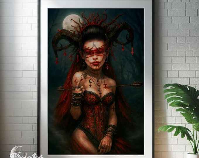 Gothic Horned Priestess Art, Red Witch, Blindfolded Demon (Digital Download)