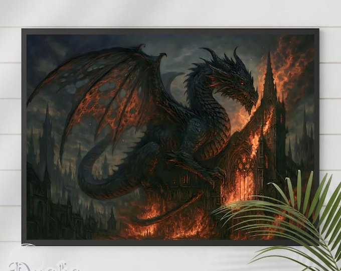 Dragon Wall Art: Gothic Fire Scene - Burning Cathedral Fantasy