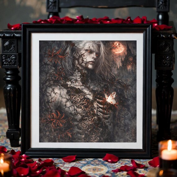Gothic Horror Wall Art Print | Hollow Moon Undead Portrait | Red Spider Lilies Printable Art