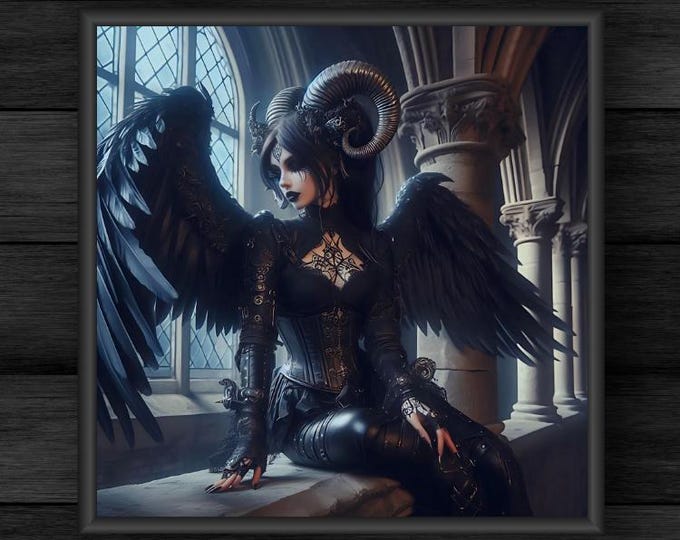 Gothic Fantasy Horned  Dark Angel Printable Artwork – Dark Cathedral Winged Witch print - Digital Download