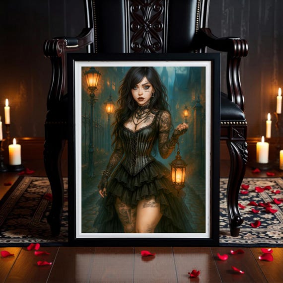 Dark Fantasy Lantern Warden Print, Gothic Witch Art (Digital Download)