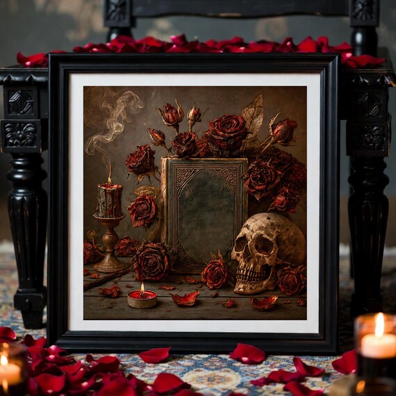 Gothic Spell Book Wall Art Printable - Skull, Candle & Roses Illustration - Occult Wall Decor