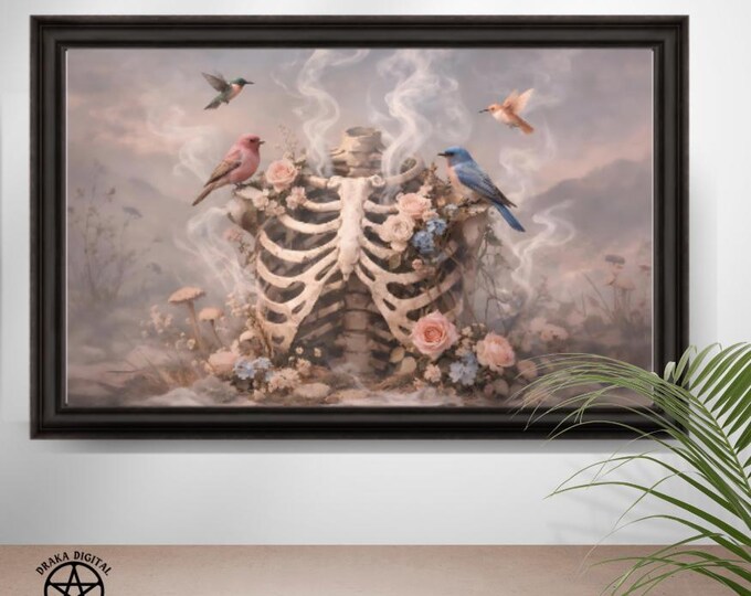 Gothic Ribcage Wall Art - Pastel Flowers and Bird Skeletons Scenery Print