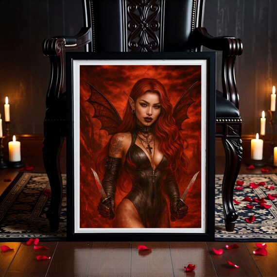 Gothic Demon Queen Wall Art Printable, Dark Fantasy Succubus Print- Gothic Bedroom Decor