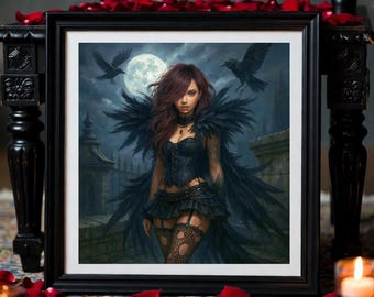Afdrukbare kunst gotische raven engel - donkere fantasie maanverlichte muurdecoratie