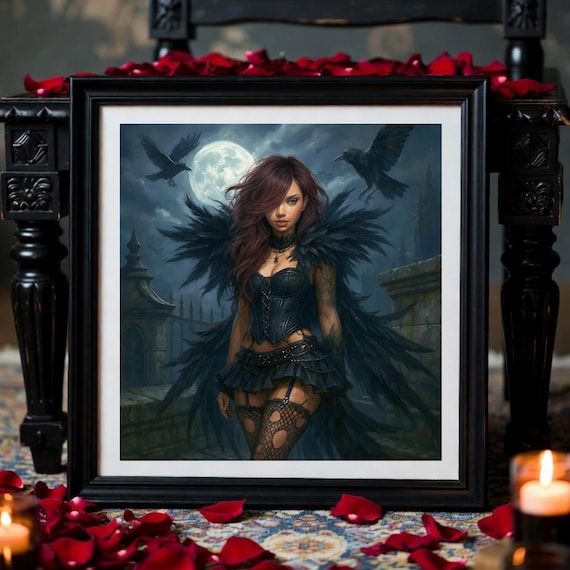 Gothic Raven Angel Printable Art - Dark Fantasy Moonlit Wall Decor