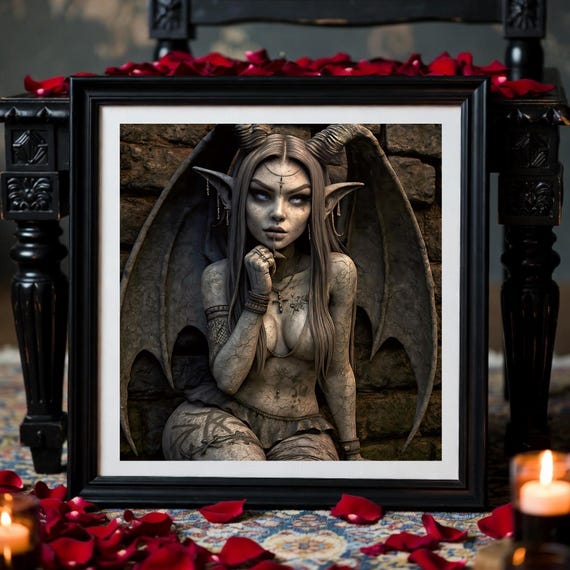 Gothic Wall Art Print: Horned Angel Gargoyle - Dark Fantasy Digital Download
