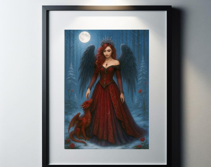 Red Fairy Queen and Baby Dragon: Gothic Winter Fantasy (Printable Art)
