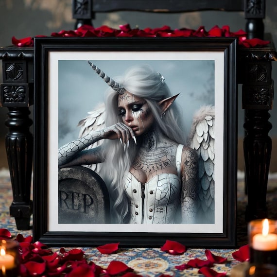 Tattooed Gothic Unicorn Angel Art - Winged Oracle 'Zletra the Wisara'