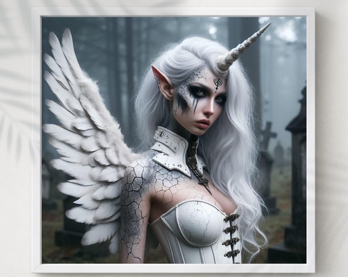 Fantasy Art Print: Gothic Unicorn Elf - Dark Fallen Angel