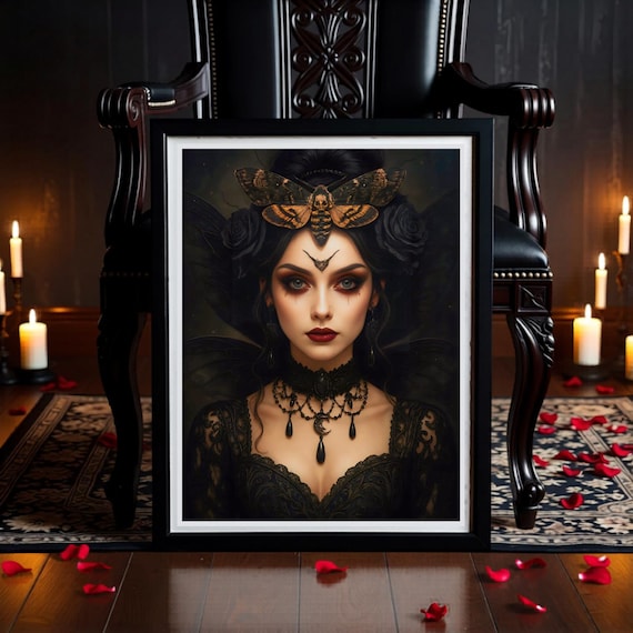 Gothic Moth Queen Wall Print: Dark Fantasy Lunar Witchy Art - Gothic Bedroom Decor