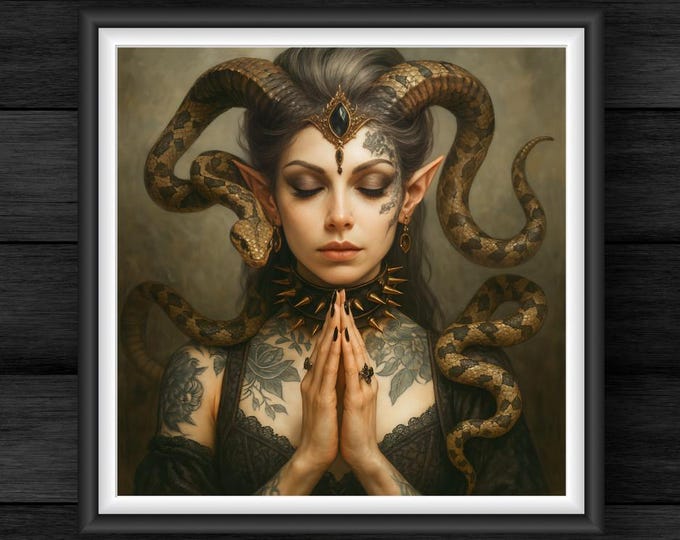 Gothic Serpent Queen Art: Dark Elven Snake Priestess Print