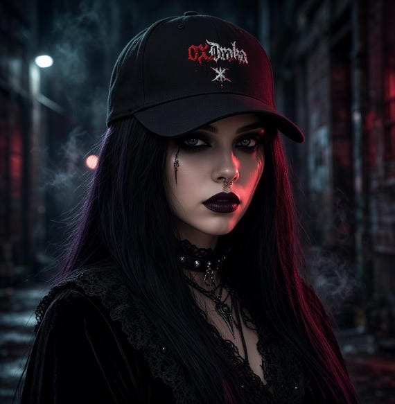 oxDraka Gothic Twill Cap – Dark Streetwear, Cyber‑Goth Embroidered Cap, Unisex  Black Baseball Hat