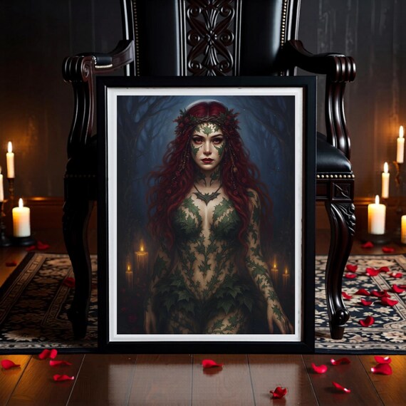 Gothic Ivy Botanical Portrait Art Print – Dark Enchanted Vine Sorceress Wall Decor – Digital Download
