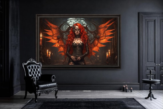 Gothic Steampunk Fairy Art, Winged Elven Seraph (Red Hair, Printable)