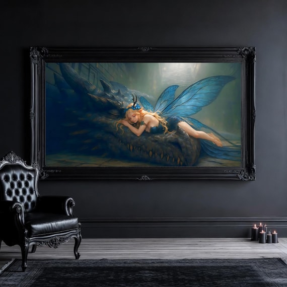 Blue Fairy and Sleeping Dragon Art - Mystical Creature Digital Print