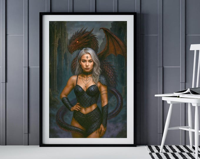 Goddess of the Red Dragon Art Print: Gothic Fantasy Mythical Wall Decor