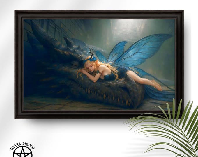 Blue Fairy and Sleeping Dragon Art - Mystical Creature Digital Print