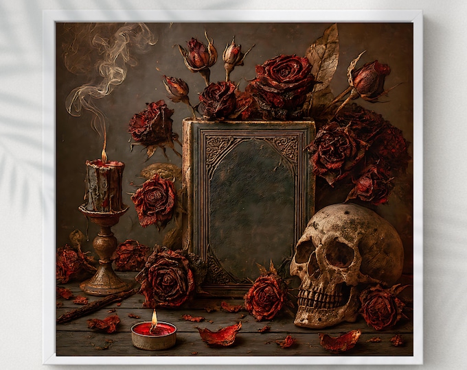 Gothic Spellbook Wall Art - Skull, Candle & Roses Illustration