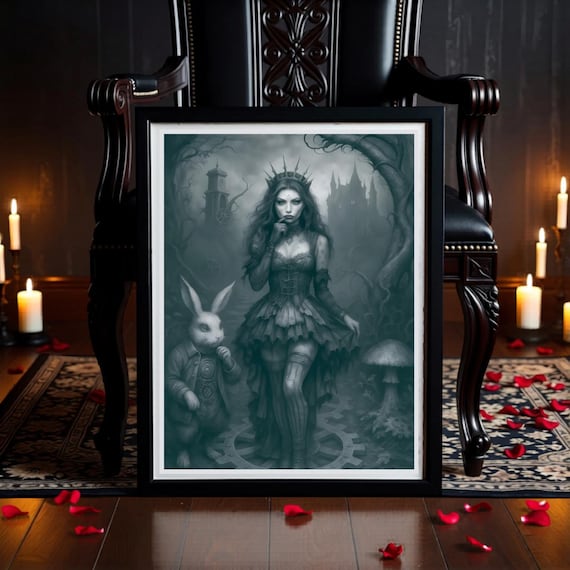 Gothic Fairy Tale Printable Wall Art - Steampunk Fantasy Décor - Dark White Rabbit Print
