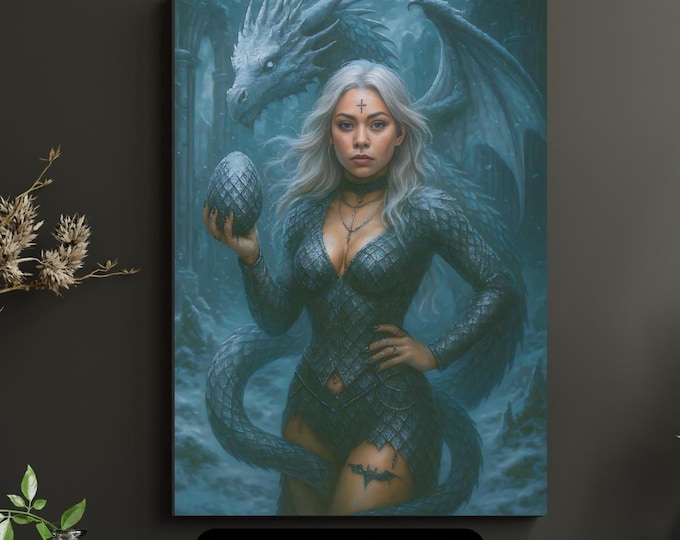 Ice Dragoness Art Print - Gothic Sorceress Holding Dragon Egg
