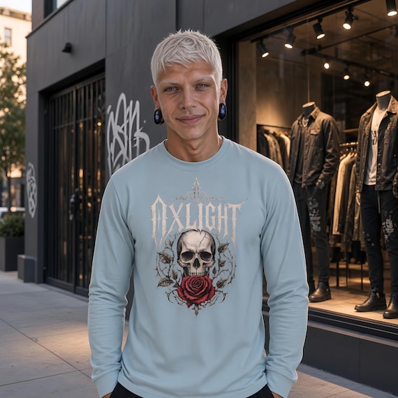OxLight: Bloom of Bones Men's heavyweight long sleeve t-shirt - Gothic Skull Rose Shirt, Alternative Streetwear, Gothic Gift for Him