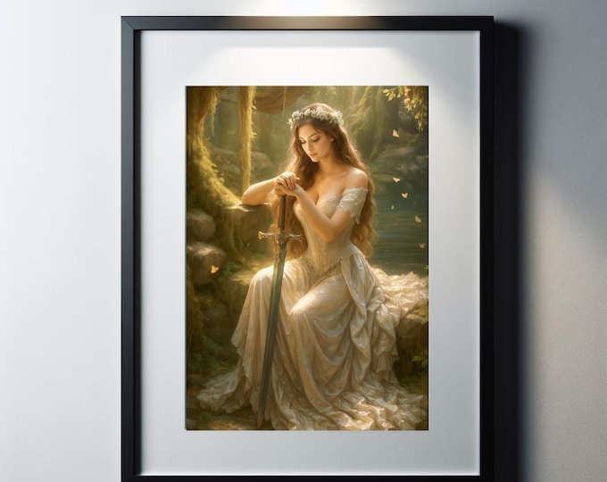 Ethereal Warrior Goddess Art, Sacred Sword, Forest Scene (Printable)