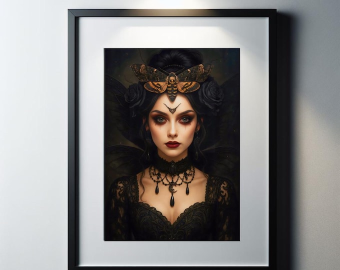 Gothic Death Moth Queen Print: Dark Fantasy Lunar Goddess - Digital Download