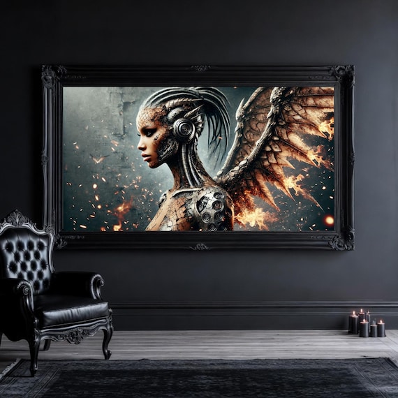 Winged Cyborg Angel Art - Sci-Fi Fantasy Cyber Punk Female Digital Print - Gothic Cyber Decor
