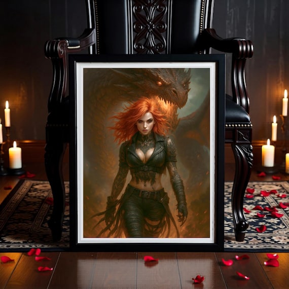 Dragon Queen Wall Art Printable, Dark Fantasy Anime Art, Gothic Female Character Warrior Decor