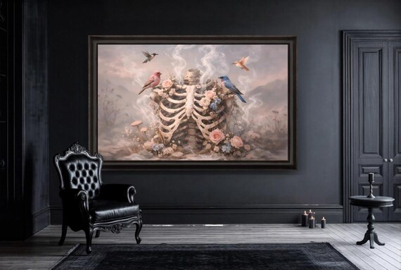 Gothic Ribcage Wall Art Printable- Macabre Pastel Botanical Bones Scenery Wall Print - Instant Download