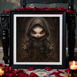 May include: A framed wall art print featuring a white rabbit character with glowing red eyes, wearing a dark, tattered hooded robe. The creature is depicted with outstretched hands in a dark, arched setting with brown and black tones.