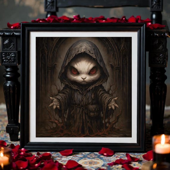 Rabbit Familiar Art Print: Gothic Dark Fantasy - Red Eyes, Cloaked Hare