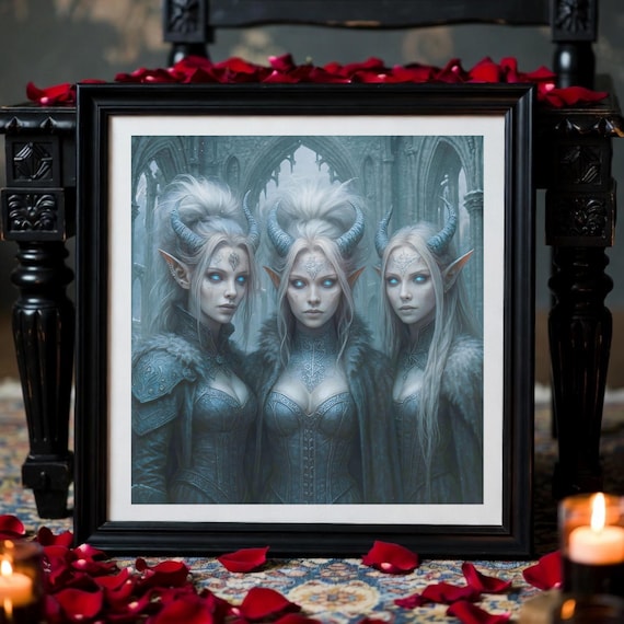 Gothic Horned Frost Queens Art Print – Dark Dracon Sisters Decor - Medieval Sorceress Instant Download