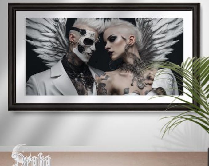 Sanctum & Sin | Winged Gothic Couple Fantasy Art Print | Cyberpunk Angels Digital Download