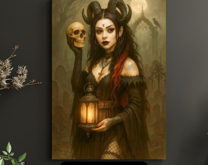 Witch-Core Digital Print, Horned Sorceress with Lantern and Skull (Instant Download)