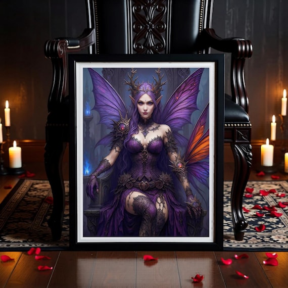 Gothic Fantasy Queen Art Printable | Dark Winged Goddess Wall Print | Purple Witchy Home Decor