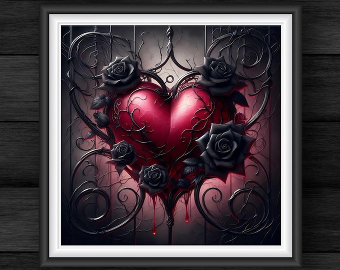 Gothic Heart Art Print - Black Roses with Thorns, Dark Romance