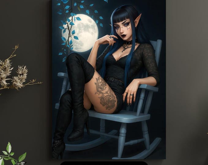 Nocturne of the Pale Moon | Gothic Fantasy Dark Elven Printable Artwork - Full Moon Art Print