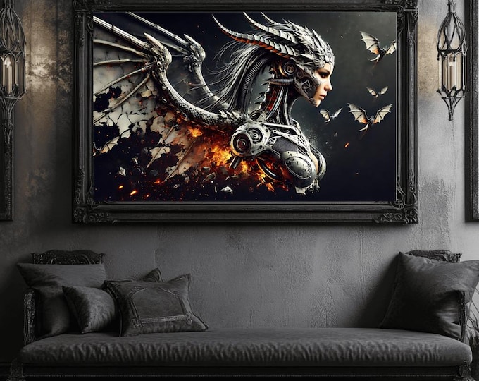 Biomechanical Seraph Dragon Print - Cyberpunk Winged Angel Art