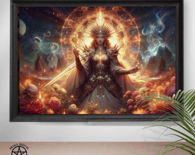 Celestial Sun Goddess Art: Radiant Queen with Golden Halo