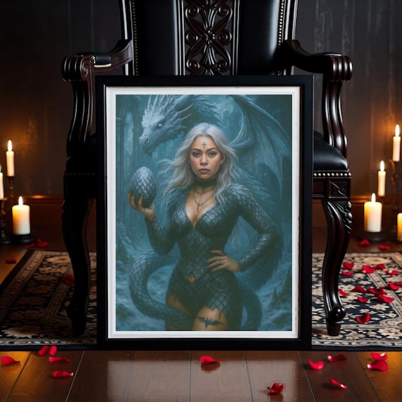 Fantasy Ice Dragon and Dragoness Wall Art • Gothic Sorceress Holding Dragon Egg • Digital Download
