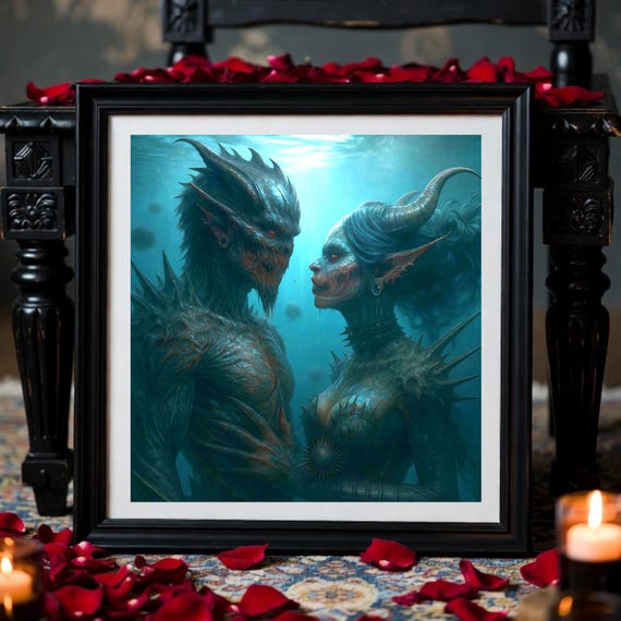 Dark Fantasy Couple Wall Art Printable, Gothic Romance Decor, Demon Lover Wall Print