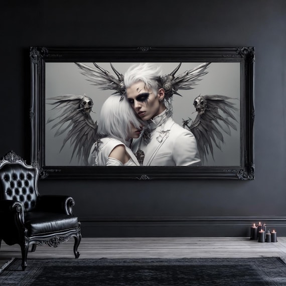 Romantic Gothic Couple Portrait - Winged Fantasy Digital Art